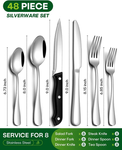 Conjunto de talheres de 48 peças com facas de carne para 8 pessoas, talheres de aço inoxidável espelhado, conjunto de utensílios laváveis na máquina de lavar louça