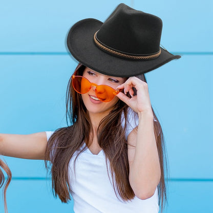 Classic Cowboy Hats for Women Men Retro Cowgirl Hats Wide Brim Felt Hats with Decorative Band