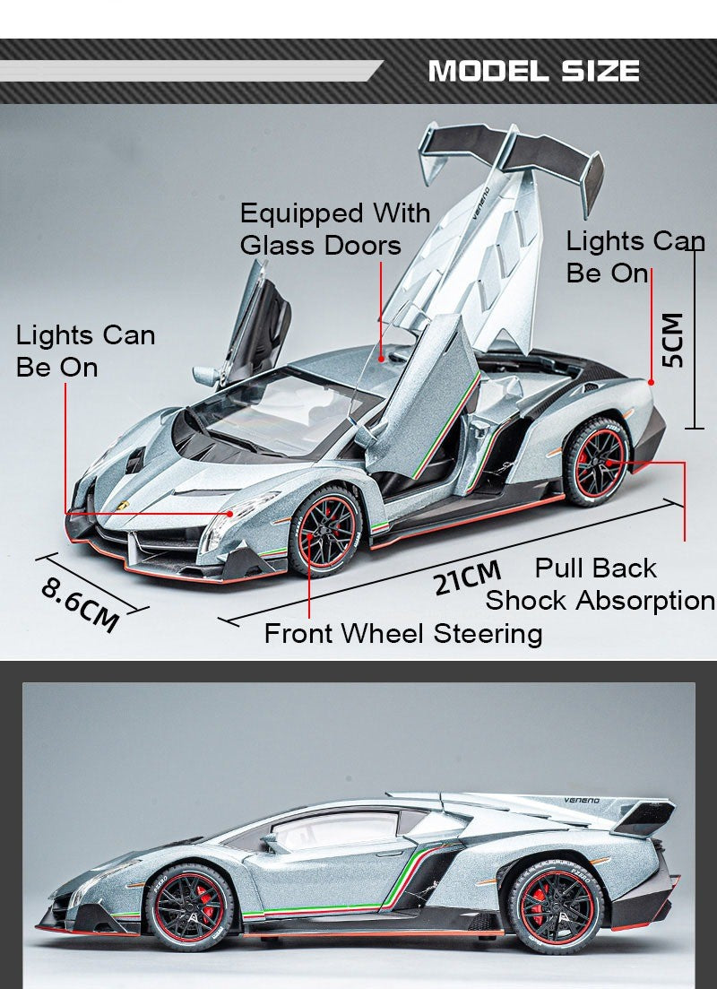 1:24 Countach LP500S VENENO Miniatura de Carro Esportivo Brinquedo Liga Fundida Luz e Som Puxar para Trás Portas Abertas Coleção Supercarro