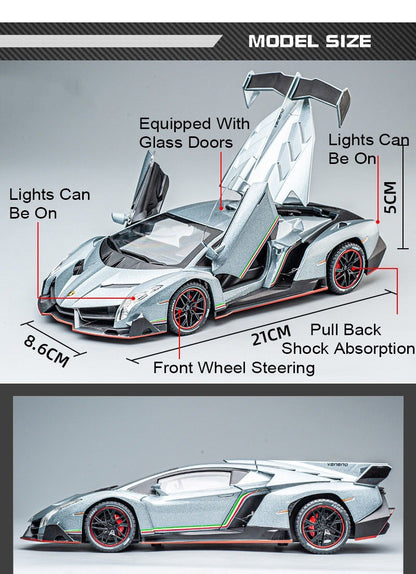 1:24 Countach LP500S VENENO Miniatura de Carro Esportivo Brinquedo Liga Fundida Luz e Som Puxar para Trás Portas Abertas Coleção Supercarro