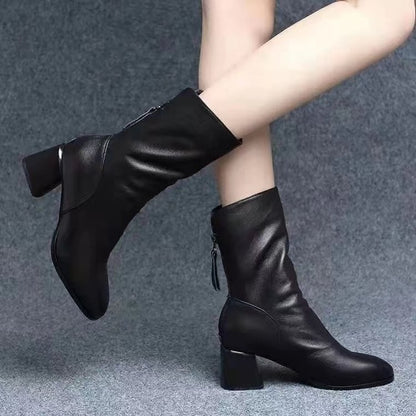 2024 New Women Versatile Leather Boots Fashion antislip high heels female Casual comfortable boot External Wear Trendy shoes