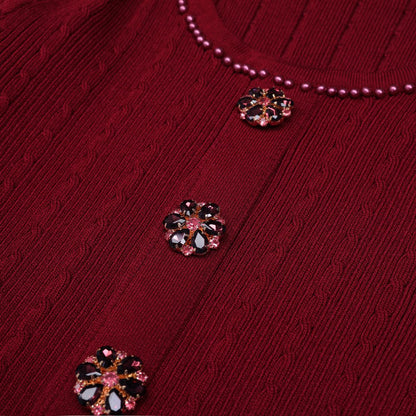 High Quality Spring And Autumn New Fashion Knitted Heavy Industry Pearl Slim Fit And Slimming Round Neck Long Sleeved Dress