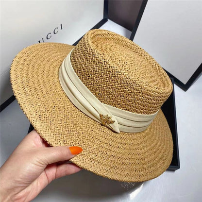 Chapéu de Palha Verão Estilo Flat Top Acessórios Abelha Chapéu de Sol Francês ao Ar Livre Protetor Solar Chapéu de Praia com Aba Grande