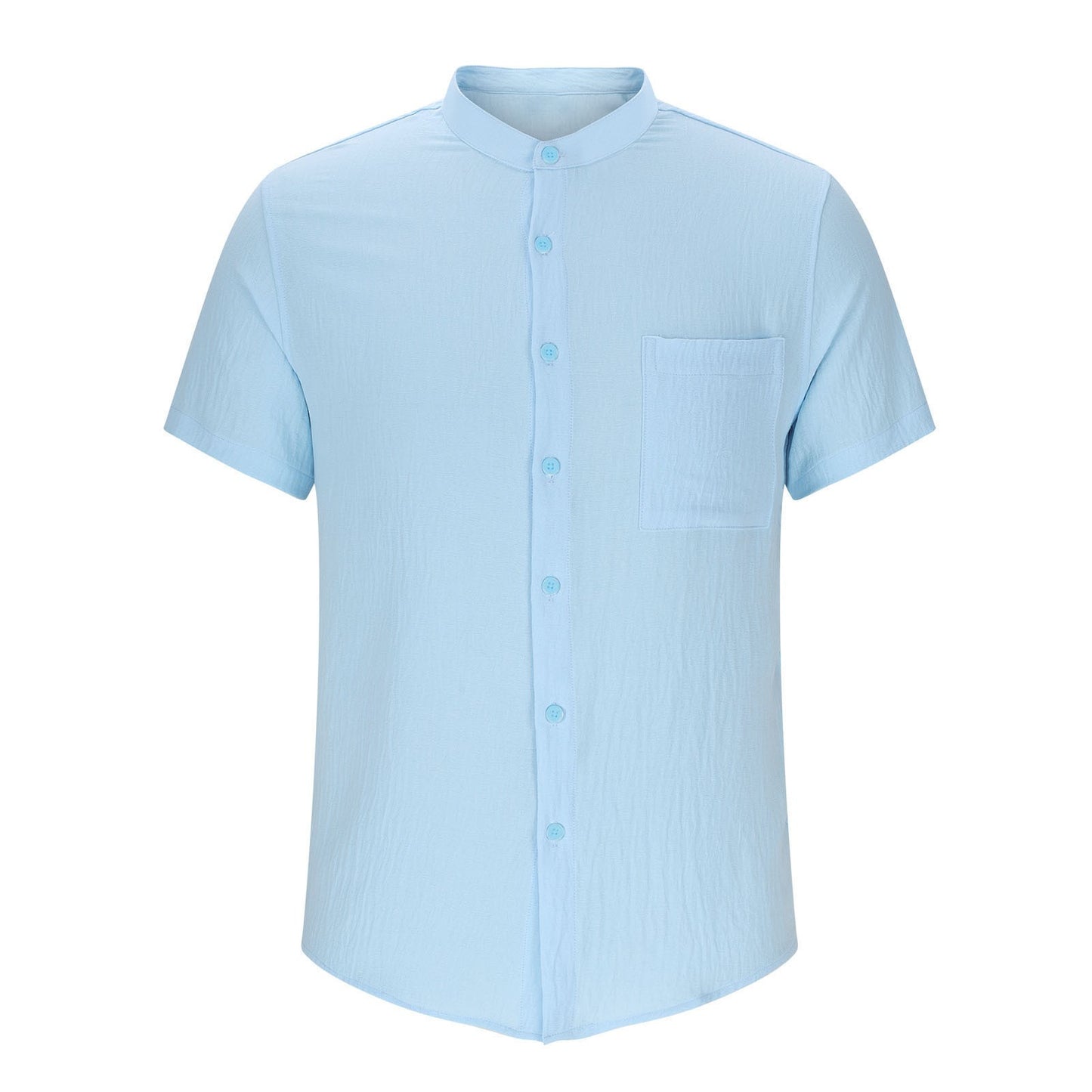 2025 Summer New Style Casual Beach Short-Sleeved Solid Color Shirt with Standing Collar and Pockets for Men