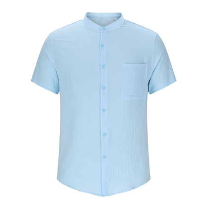 2025 Summer New Style Casual Beach Short-Sleeved Solid Color Shirt with Standing Collar and Pockets for Men