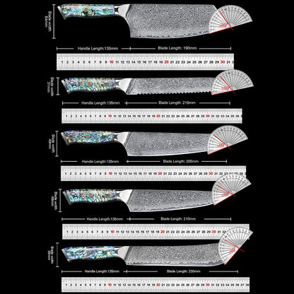 Faca de Cozinha TURWHO Japonesa de Aço Damasco de 67 Camadas com Cabo de Abalone Afiada Faca Santoku para Pão Bife Faca de Chef Ferramentas de Corte para Cozinha