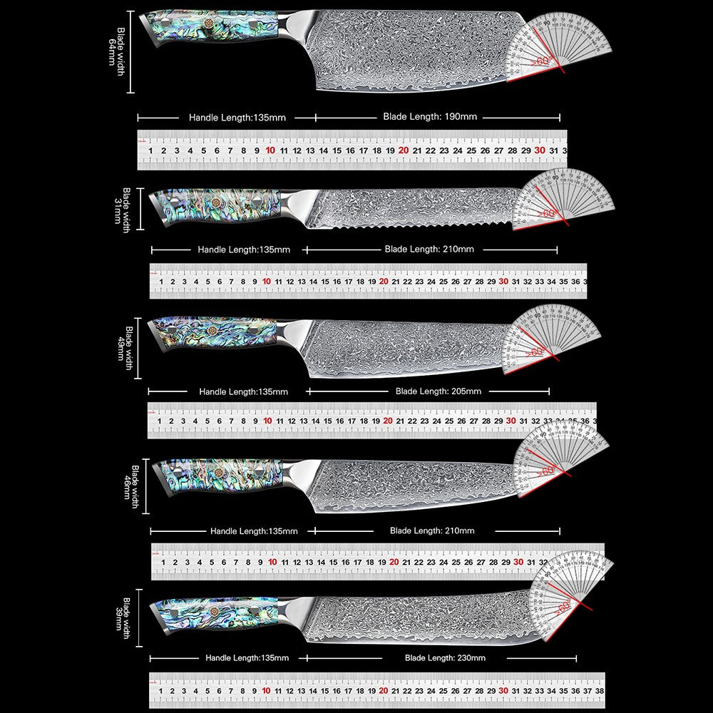 Faca de Cozinha TURWHO Japonesa de Aço Damasco de 67 Camadas com Cabo de Abalone Afiada Faca Santoku para Pão Bife Faca de Chef Ferramentas de Corte para Cozinha