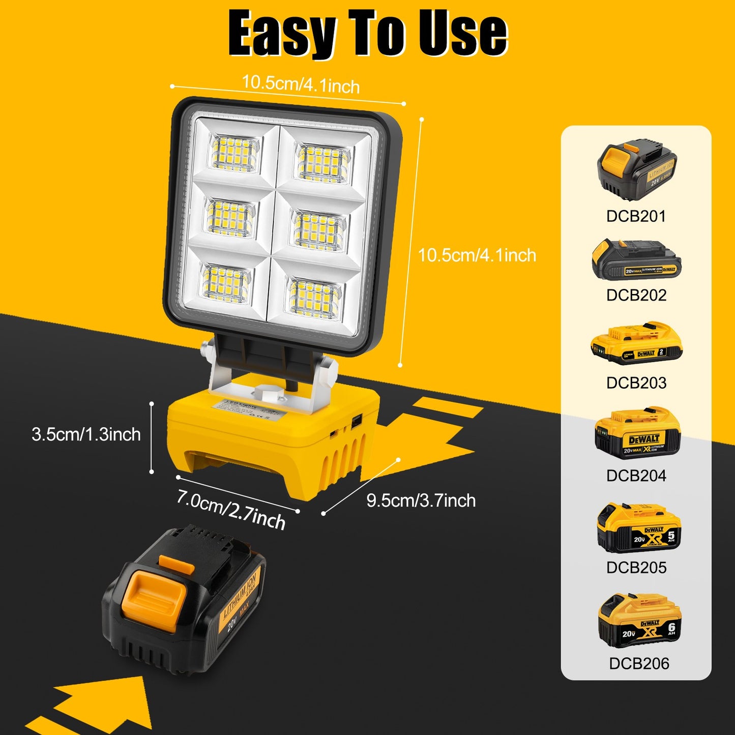 Portable 48W 5200LM LED Work Light Cordless Work Light Adjustable Base Rechargeable LED Flood Light for DeWalt No Battery