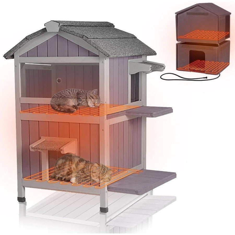 Casinha Aquecida para Gatos Externa 2 Andares Impermeável para Gatos de Rua com Portas de Fuga Tapete Aquecedor Removível para Inverno AIR94-He