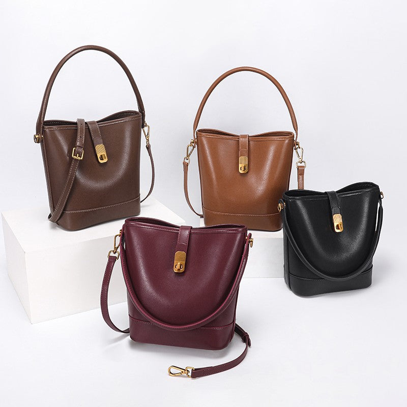 Women's Genuine Leather Bucket Bag Retro Shoulder Crossbody Handbag Fashionable Luxurious Women's Bag