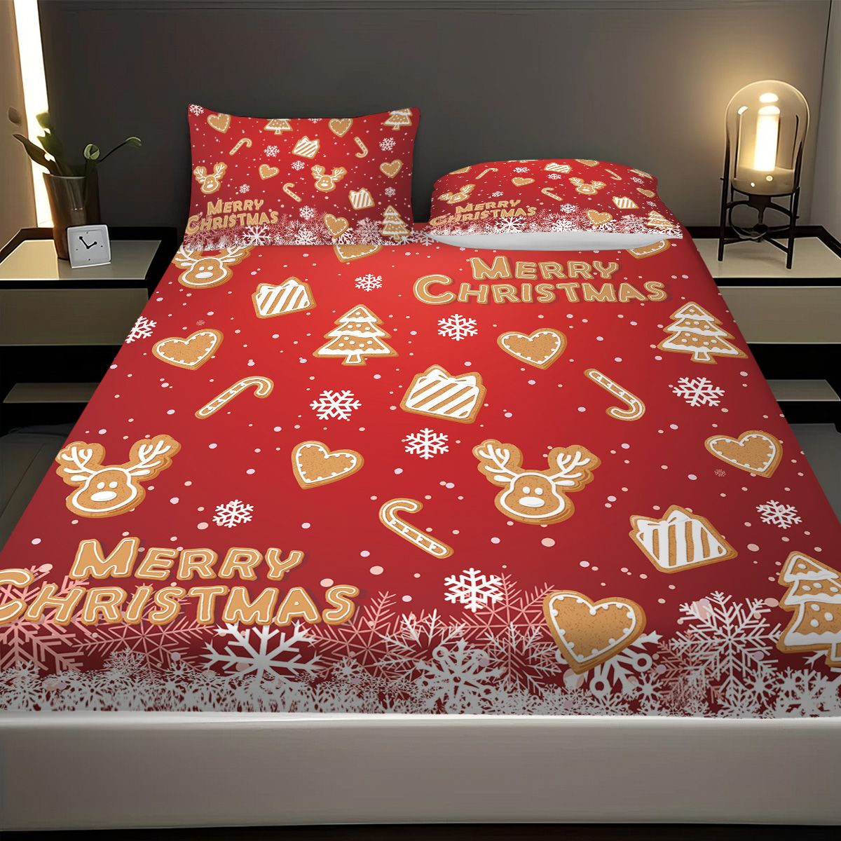 3pcs Christmas gingerbread print coreless bedsheet set multiple size soft bedcovers bedroom bedding decorations machine washable