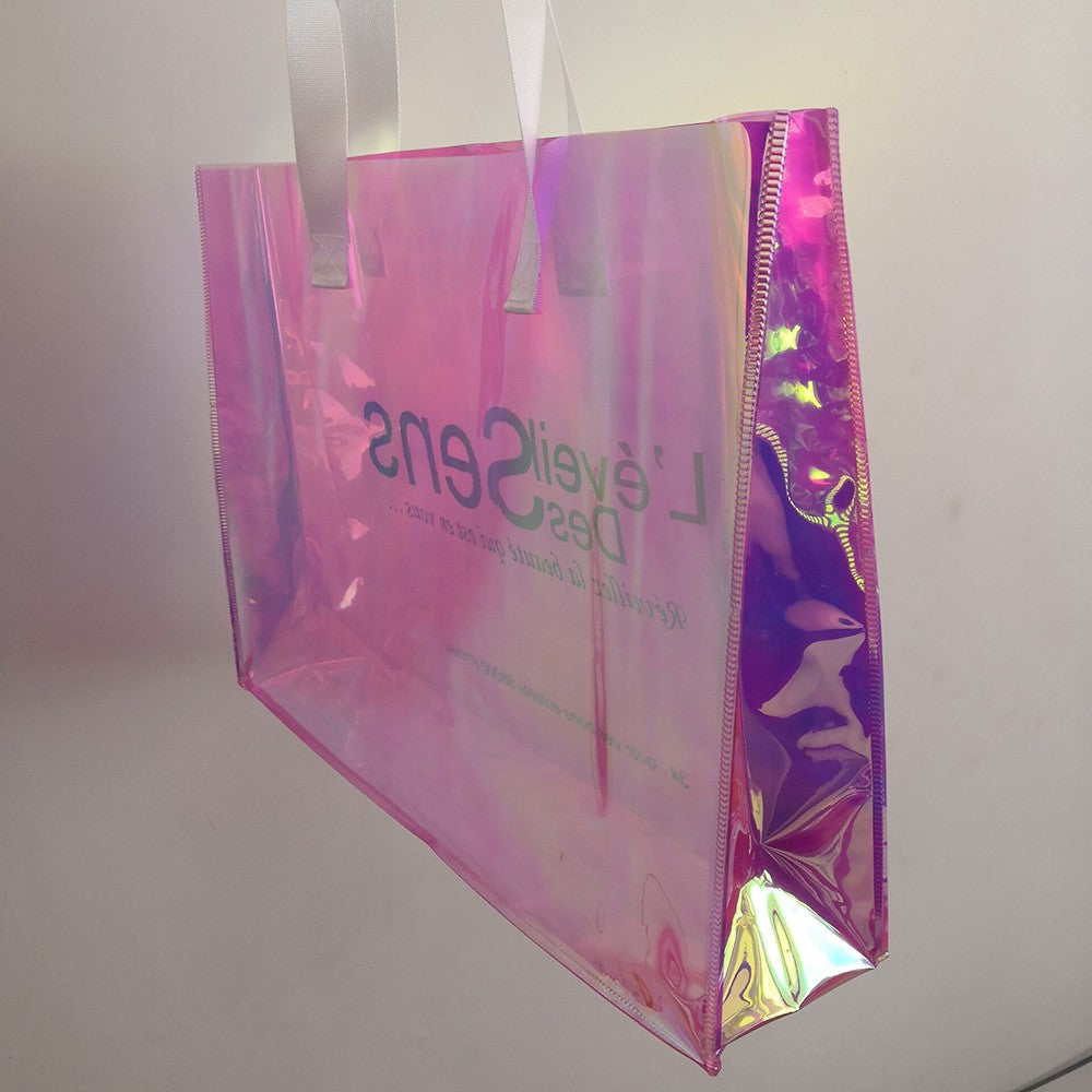 Wholesale 200pcs/Custom Logo Laser Holographic Iridescent PVC Tote Bag Luxury Fashion Beach Shopping Tote Bag Waterproof Bag