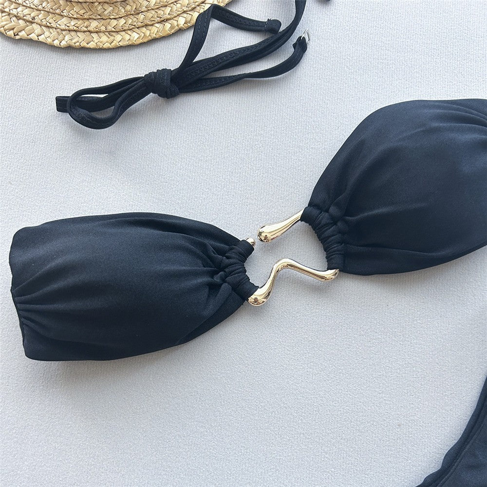 Solid Pink Bandeau Micro Bikini Thong Metal Ring Sexy Swimsuit Women Holiday Ladies Swimwear High Cut Bathing Suit Bikinis Sets