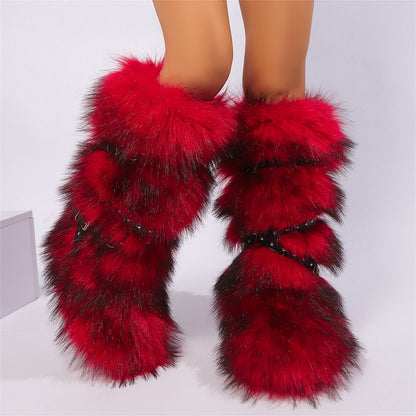 Winter Faux Fur Knee High Boots for Women - Comfy Plush Pull-On, Belt-Embellished Round Toe, Must-Have Trendy Pick for Party