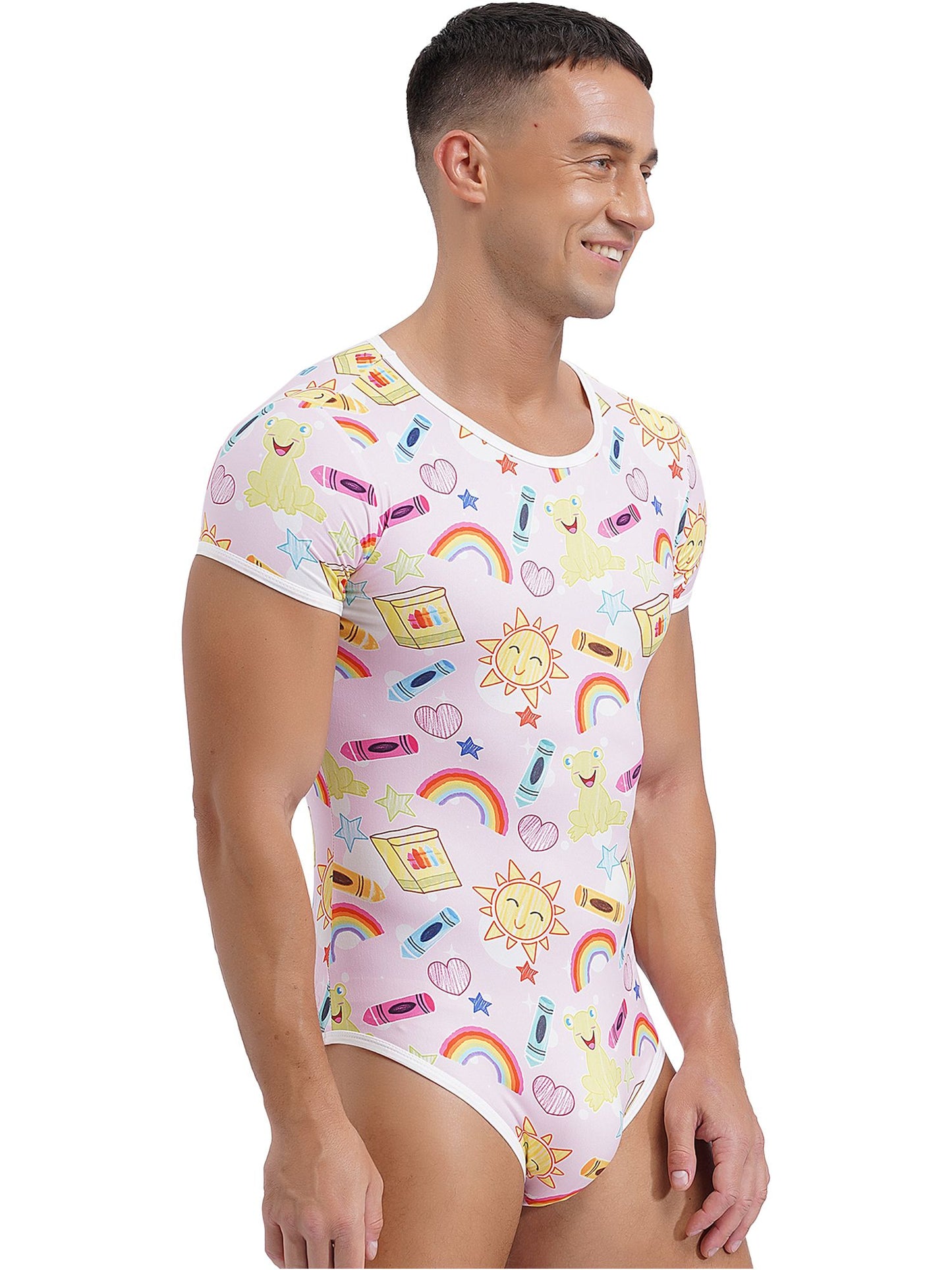 Mens Cute Cartoon Print Bodysuit Sissy Pajamas Short Sleeve Buttoned Crotch Diaper Rompers Gay Male Onesies Sleepwear Loungewear