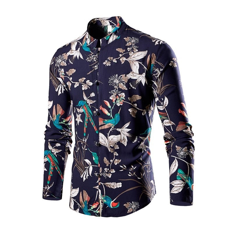Chinese Style Men's Stand-up Collar Long-sleeved Shirt, Single-breasted Printed Shirts, Fashion Casual Camisas, Red Green Blue