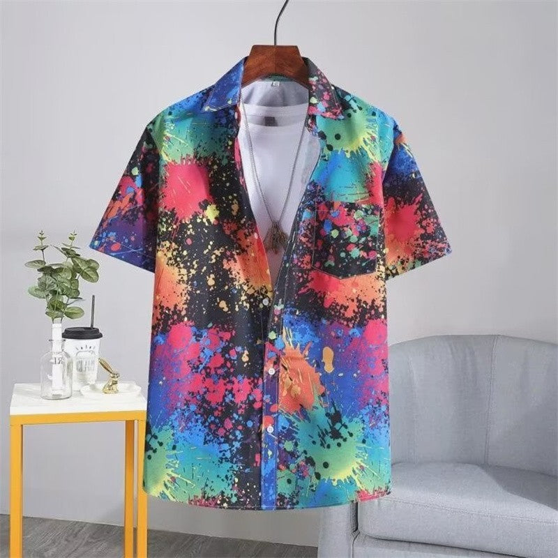 Y2K Men Oversize Street Fashion Summer Daily Shirt Hawaiian Splash-ink Print Casual Loose Short Sleeve Beach Shirts For Man Tops