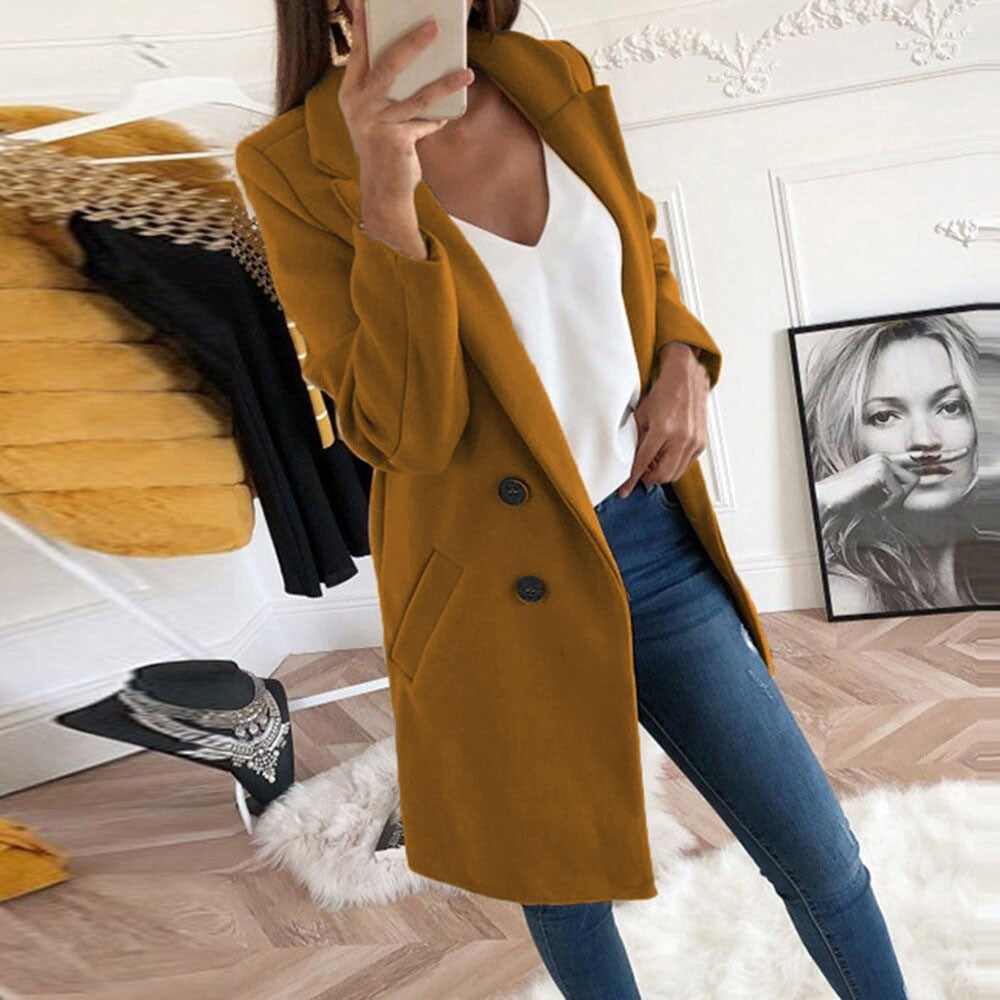 2024 European and American New Solid Color Lapel Mid length Button Woolen Coat for Women