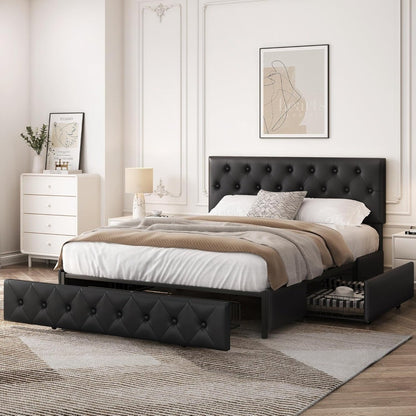 Yaheetech Queen Bed Frame Upholstered Bed Frame with Adjustable Diamond Button-Tufted Headboard/3 Drawers Storage, Queen Platfor