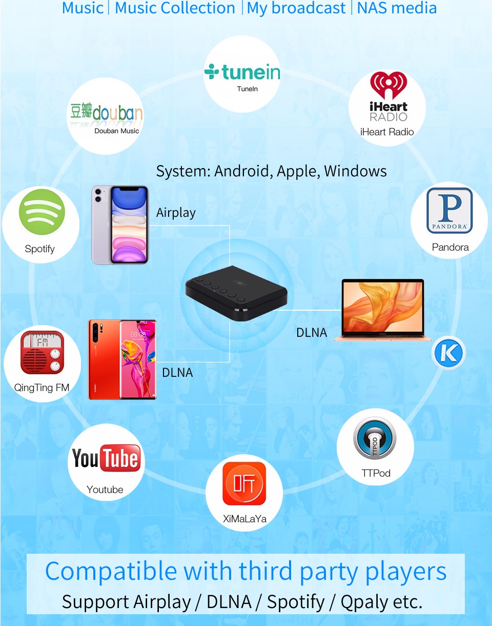 Wireless WIFI Audio Receiver for Airplay Spotify DLNA NAS Multiroom Sound Stream Bluetooth 5.0 Music box Optical Adapter WR320
