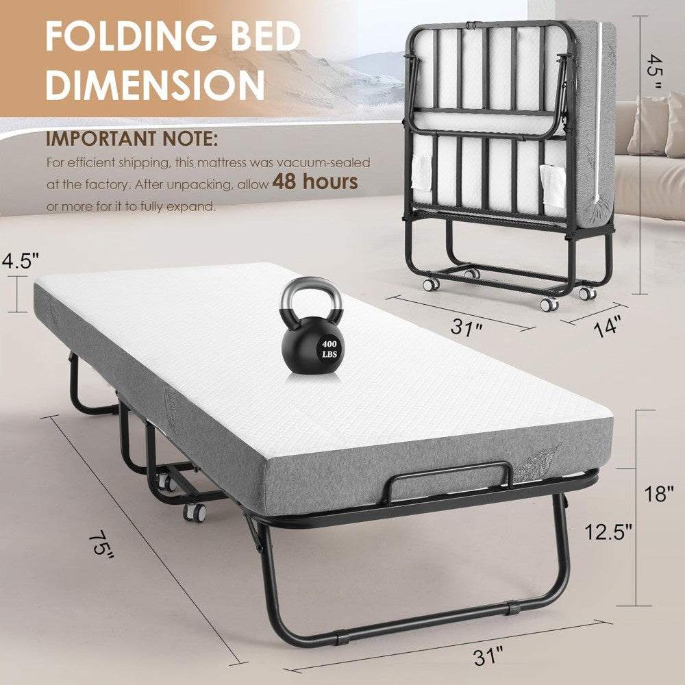 Folding Bed with Memory Foam Mattress, Portable Rollaway Guest Beds on Wheels, 75x31 Twin Size Space-Saving Cot-Size Bed for Adu