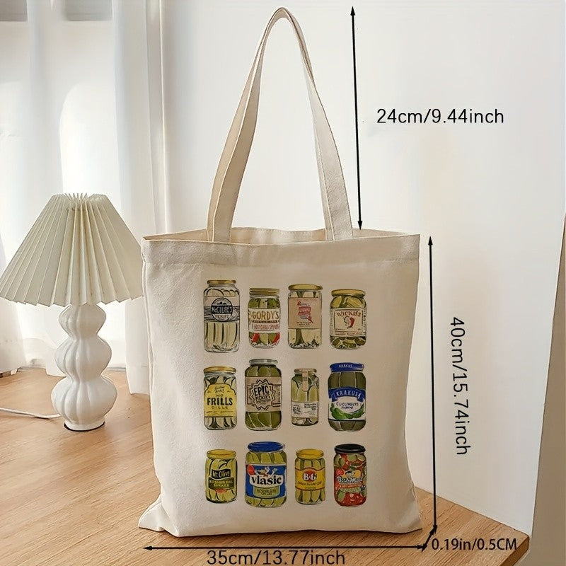 1pcs Pickle Pattern Tote Bag Trendy Casual Shoulder Bag Vintage Canned Pickles Tote Bag Funny Canvas Shoulder Bags