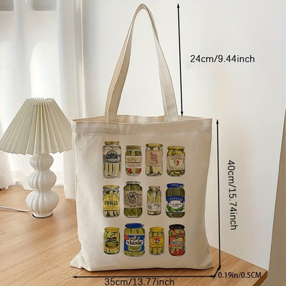 1pcs Pickle Pattern Tote Bag Trendy Casual Shoulder Bag Vintage Canned Pickles Tote Bag Funny Canvas Shoulder Bags