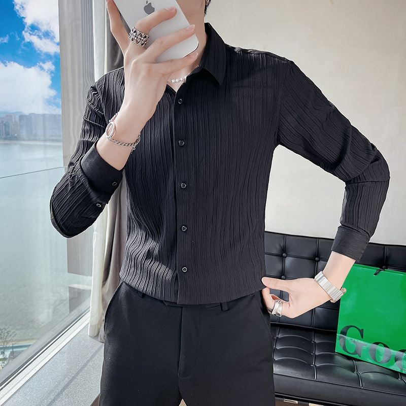 Streetwear Fashion Korean Clothing Solid Shirts Spring Autumn Men Long Sleeve Striped Lapel Single Sockets Business Casual Tops
