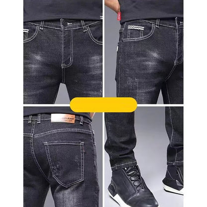 Men's Stylish Classic Business Casual Jeans Four Seasons Wear Black Blue Pants Middle-waist Leggings Denim Fabric Trousers Male