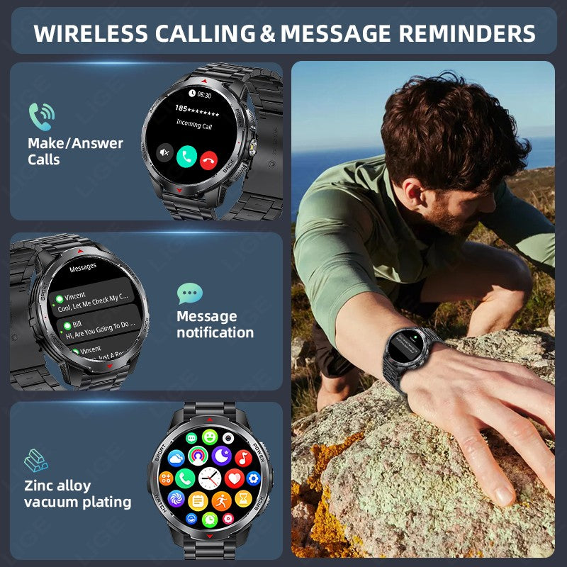 LIGE Novo Smartwatch Masculino com Bateria de 1100mAh para Esportes ao Ar Livre, Lanterna LED, Bússola, Chamada Bluetooth