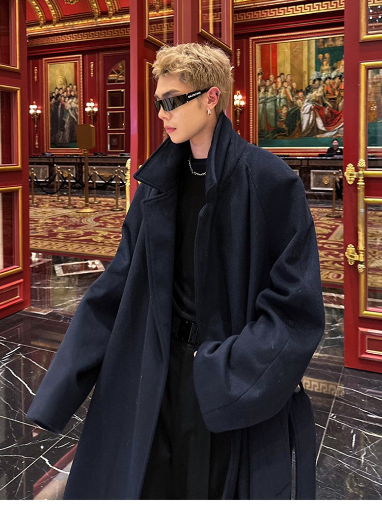 Mauroicardi Autumn Winter Oversized Extra Long Warm Navy Blue Wool Blends Coat Men Loose Luxury Designer Woolen Overcoat 2024