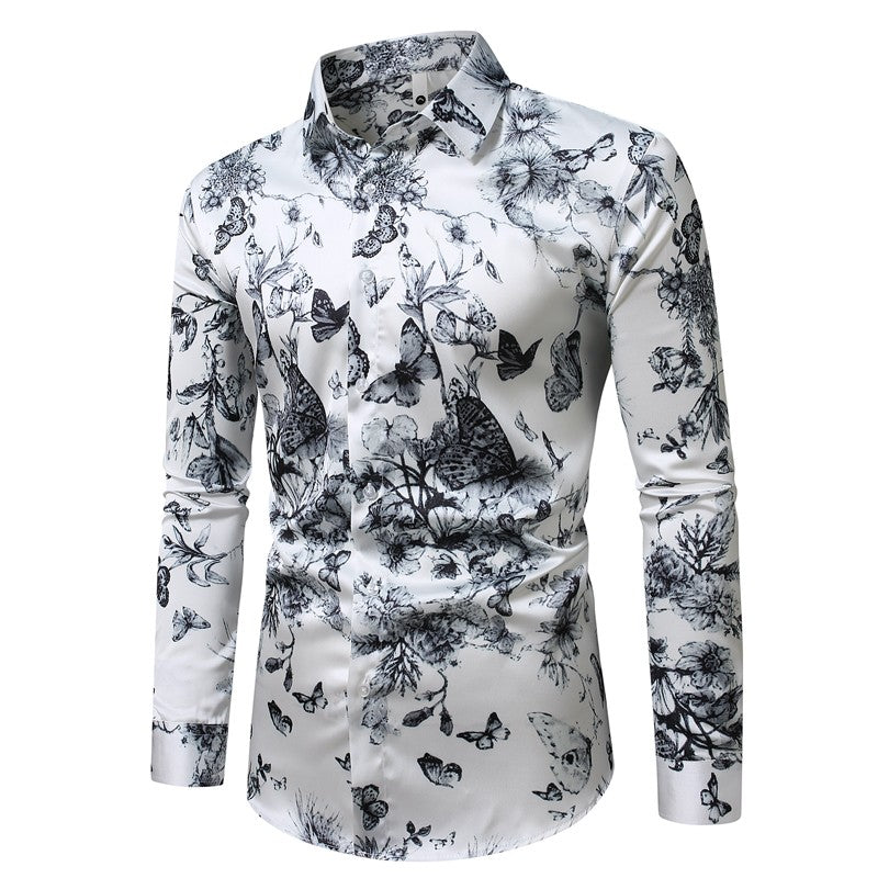 QJ CINGA Brand Men Leopard Print Long-sleeved Shirt, White Single-breasted Button-down Collar Printed Shirts, Asian Size M-6XL