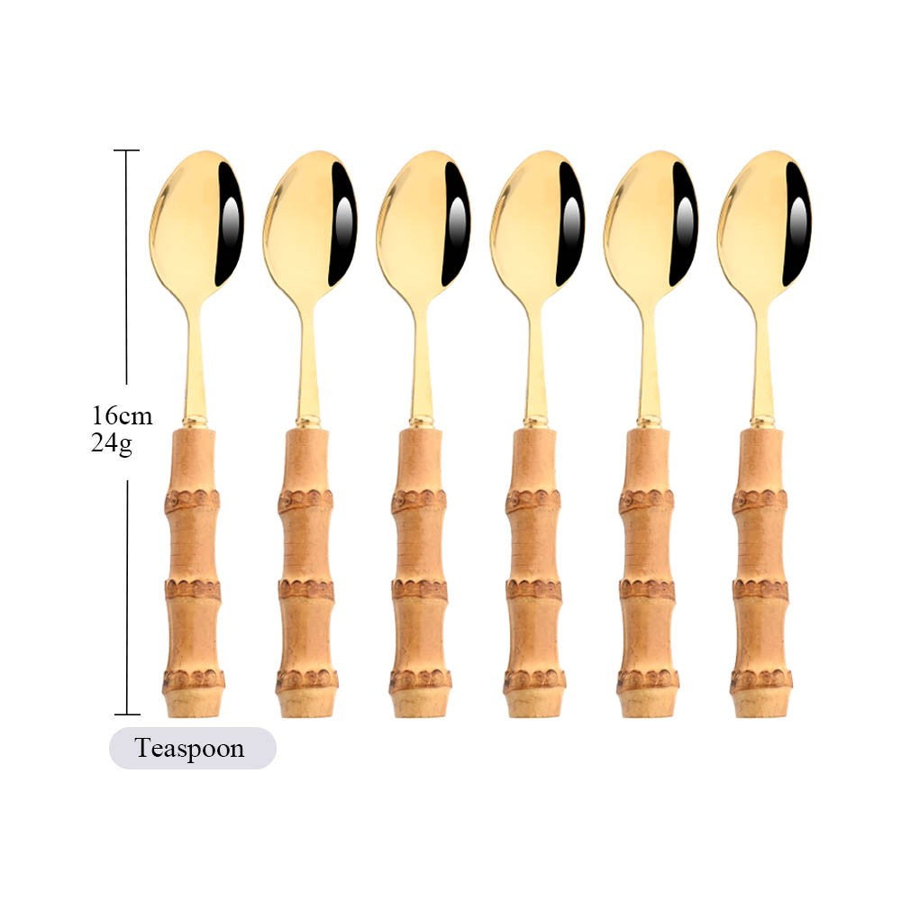 Drmfiy Teaspoon Dinnerware Set Stainless Steel 4/6/10Pcs Coffee Spoons Cutlery Set Kitchen Bamboo Handle Golden Tableware Set