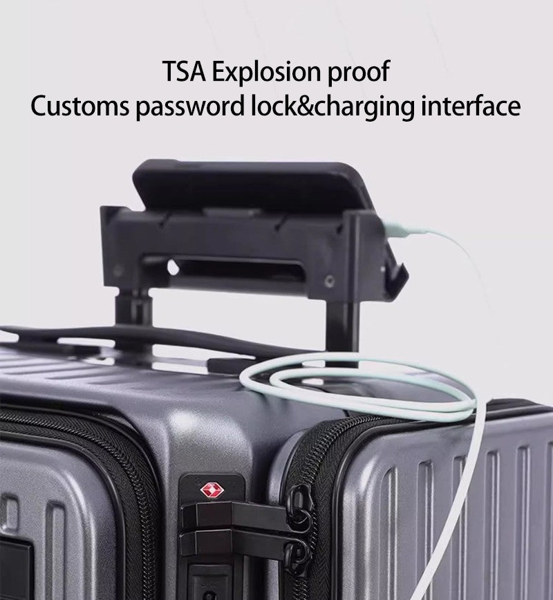 Mala de Viagem Multifuncional de Abertura Dupla de 20 Polegadas em PC com Porta USB, Suporte para Celular e Rodas com Freio, Bagagem de Viagem para Homens e Mulheres