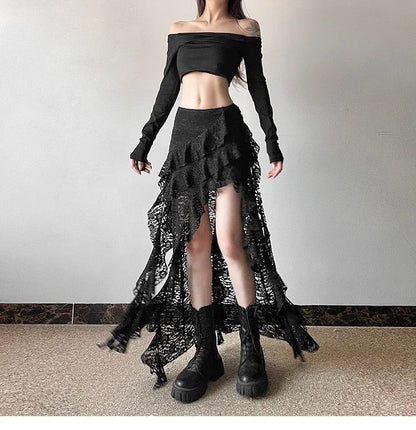 Gothic Skirt 2000s Summer Women's Clothes Gyaru Kpop Streetwear Lace High Waist Casual Aesthetic Long Skrit Femme Hip Hop Skirts