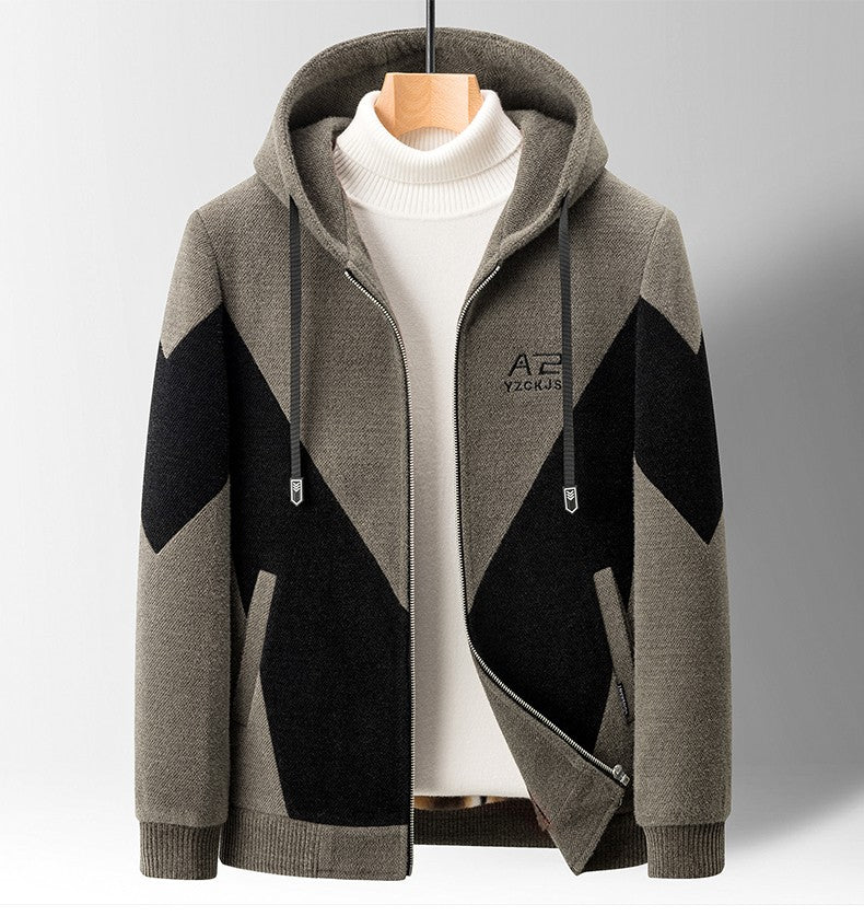 Winter Patchwork Woolen Jacket Men Hooded Short Trench Coat Thickened Warm Casual Business Social Overcoat