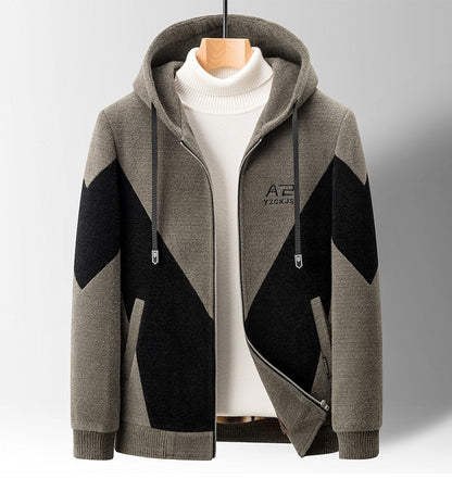 Winter Patchwork Woolen Jacket Men Hooded Short Trench Coat Thickened Warm Casual Business Social Overcoat