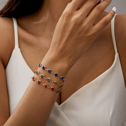 Pulseiras elegantes de corrente de metal com zircônia e cristal vermelho para mulheres, pulseiras coloridas de coração, joias de pulso, presente para festas de casamento e meninas