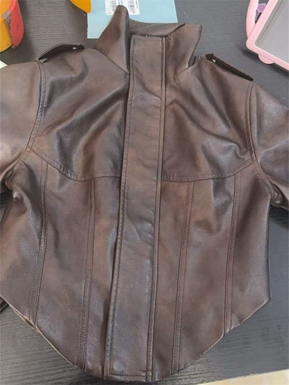 Vintage Women's Cropped Faux Leather Jacket Stand Collar Balloon Sleeve Biker Style PU Leather Coat Streetwear Fashion Outfit