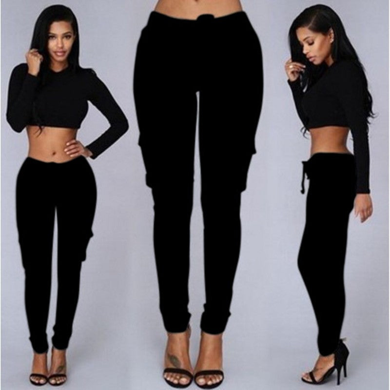 Women Slim Fit Pencil Pants Multi Pocket Drawstring Tie Waist Casual Trousers with Belt