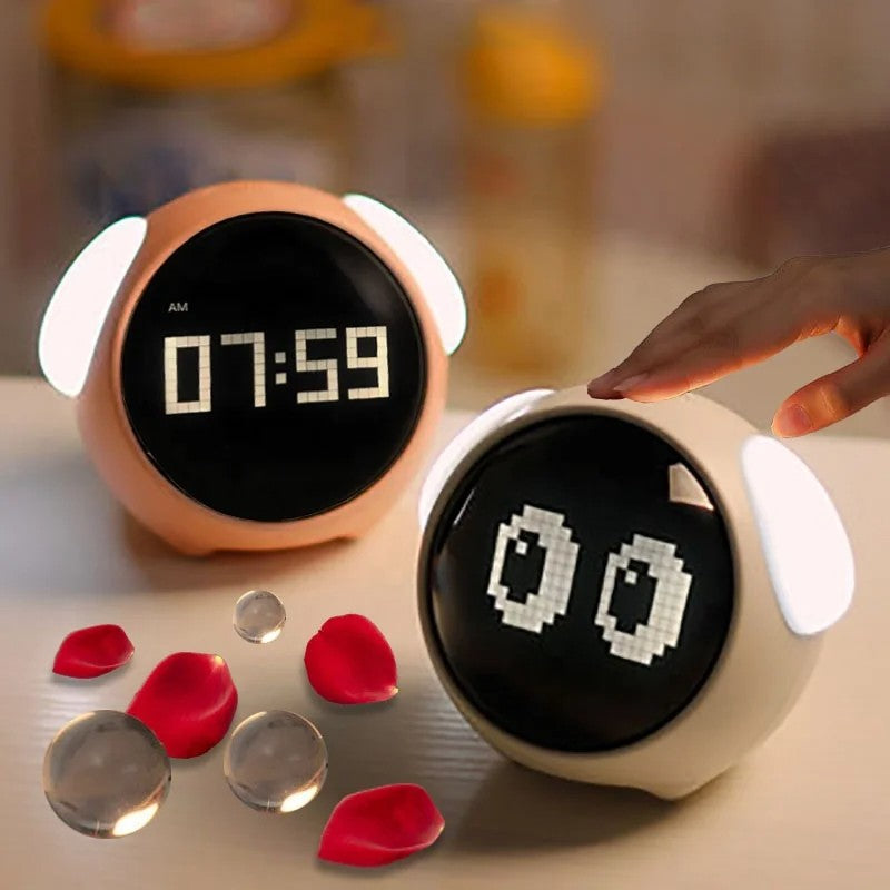Cute Digital Emoji Alarm Clock with 5Voices Snooze Function Date Temperature 12/24 Hours Clock with Voice Activated Night Light