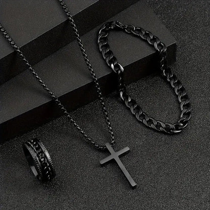 Conjunto 3 Peças Masculino de Aço Inoxidável Colar com Pingente de Cruz, Pulseira e Anel Joias Masculinas Acessórios Hip Hop para Uso Diário