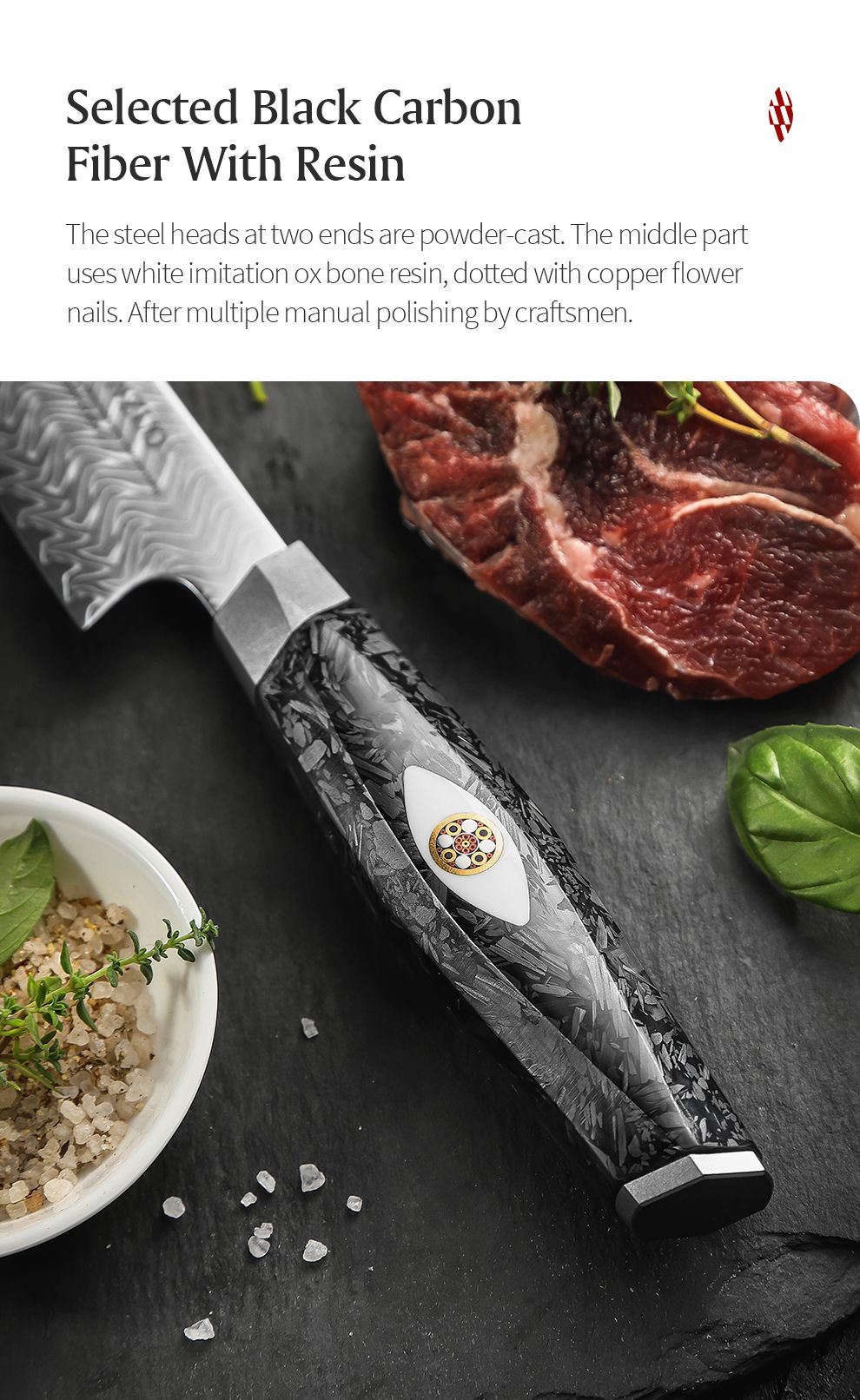 XINZUO 8.46-inch Damascus Carving Knife 145-layer M390 steel 60-62HRC carbon fiber handle 6.0-8.0N sharpness rust-resistant
