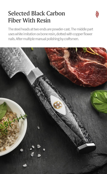 XINZUO 8.46-inch Damascus Carving Knife 145-layer M390 steel 60-62HRC carbon fiber handle 6.0-8.0N sharpness rust-resistant