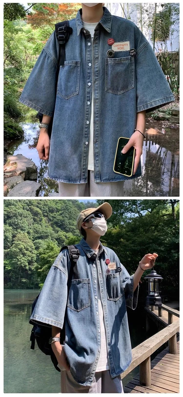 Retro Japanese Style Pocket Badge Denim Short Sleeve Casual Shirt Men's Loose Collar Jacket Trendy Summer Clothing