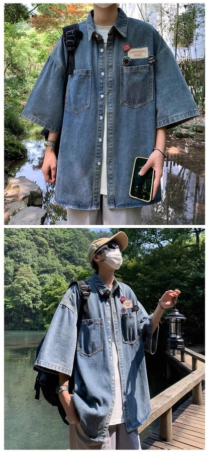 Retro Japanese Style Pocket Badge Denim Short Sleeve Casual Shirt Men's Loose Collar Jacket Trendy Summer Clothing