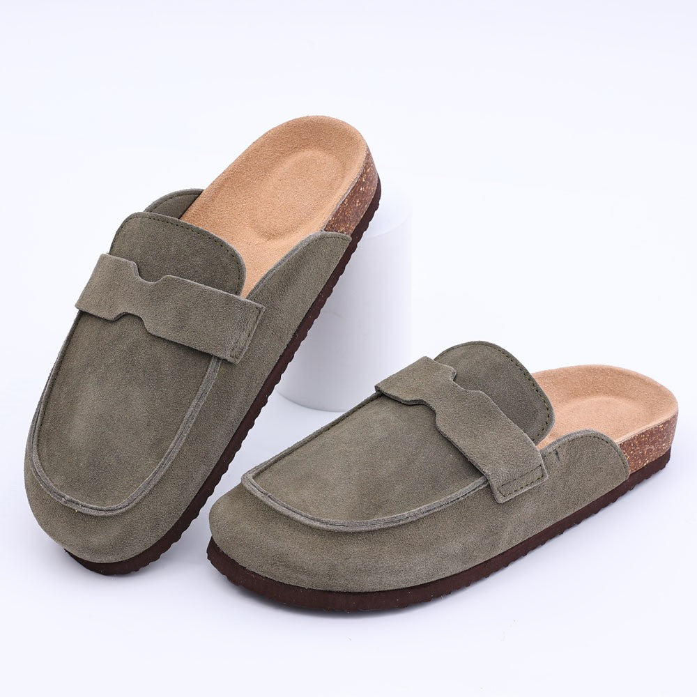 Comwarm Cow Suede Women Clogs With Adjustable Buckle Cork Footbed Leather Mules Comfort Slip on Women Slippers Summer Cork Clogs