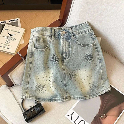 Bright Line Decoration Embroidered Diamonds Denim Short Skirt Female 2025 Spring Summer New Trend Sexy Buttons A-line Skirt