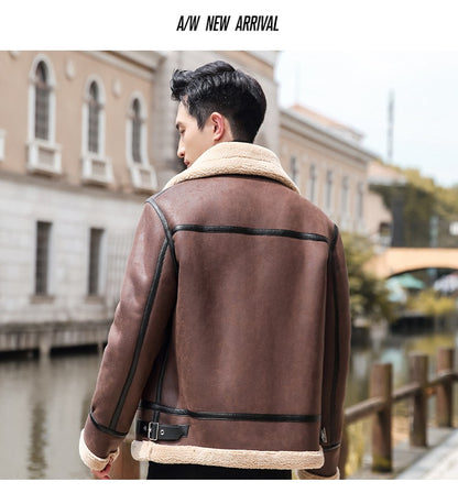 Lamb Cashmere PU Leather Jacket Mens Plus Velvet Men Winter Warm Motorcycle Thickened Leather Coat Man Fleece PU Leather Coats