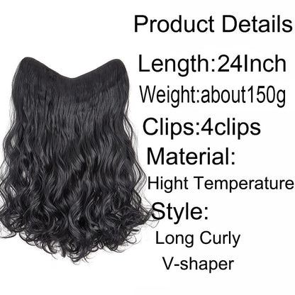 Extensão de Cabelo Sintético Longo Cacheado 24 polegadas em V Peça Única Fofa Invisível Castanho Preto para Mulheres